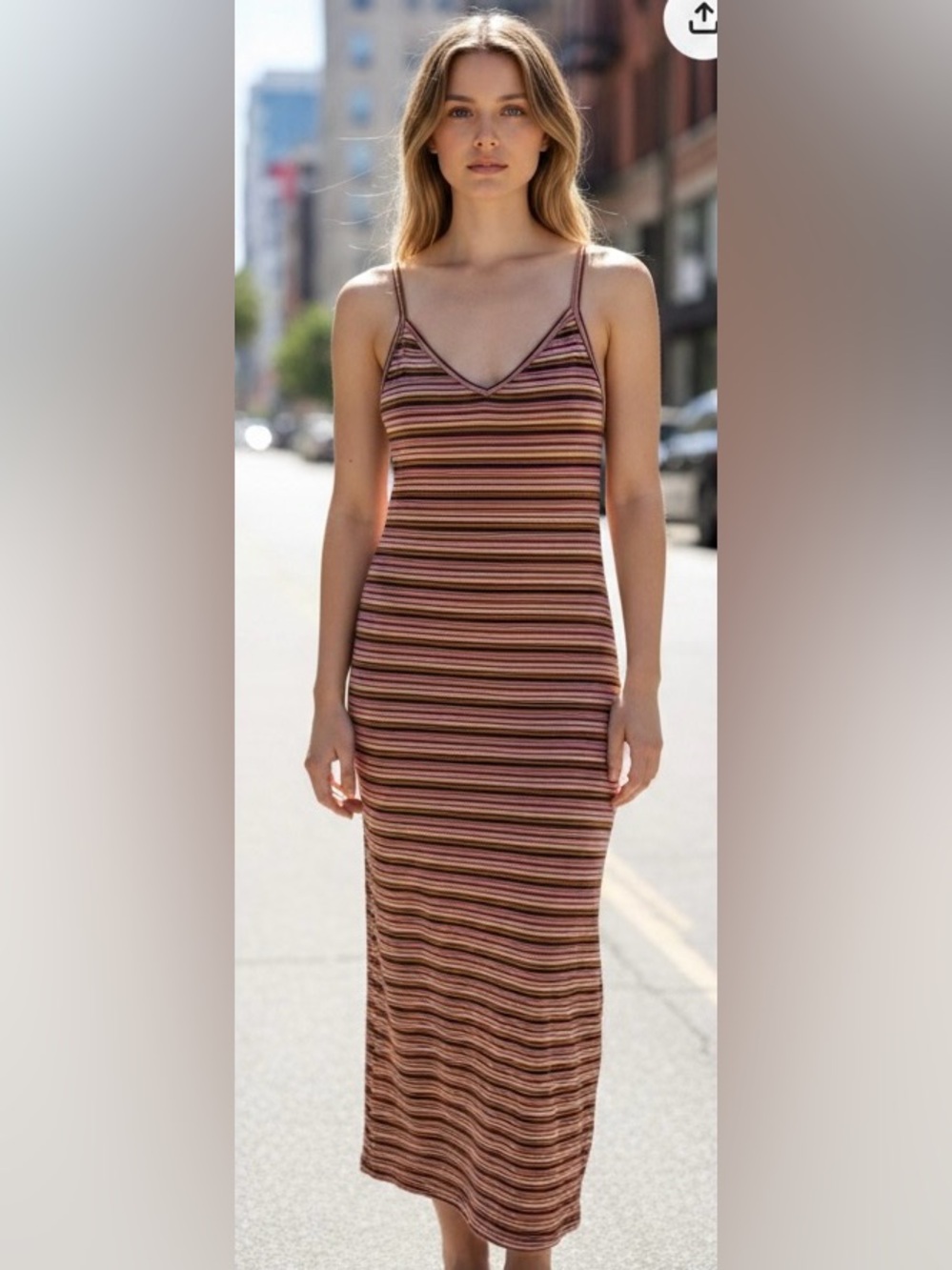 Striped Knit Maxi Dress with Spaghetti Straps - Pink/Brown